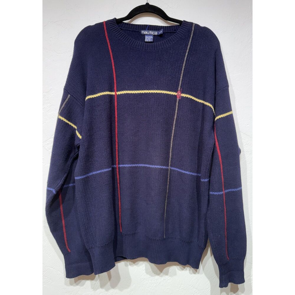 Vintage Knit Plaid Nautica Sweater Size L Navy Blue Cotton Crewneck Y2K Baggy